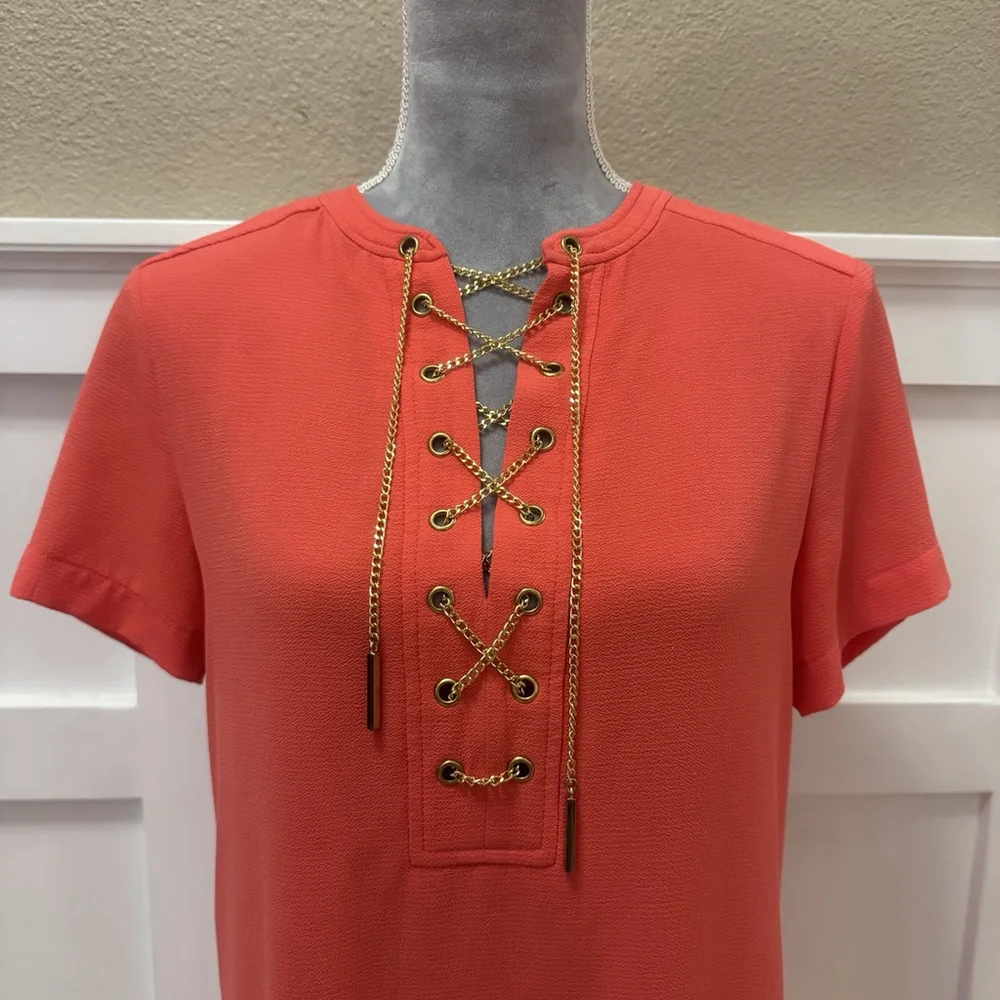 Michael Kors Women's Size:S Mini Dress Short Sleeve Gold Chain Detail Orange Red
